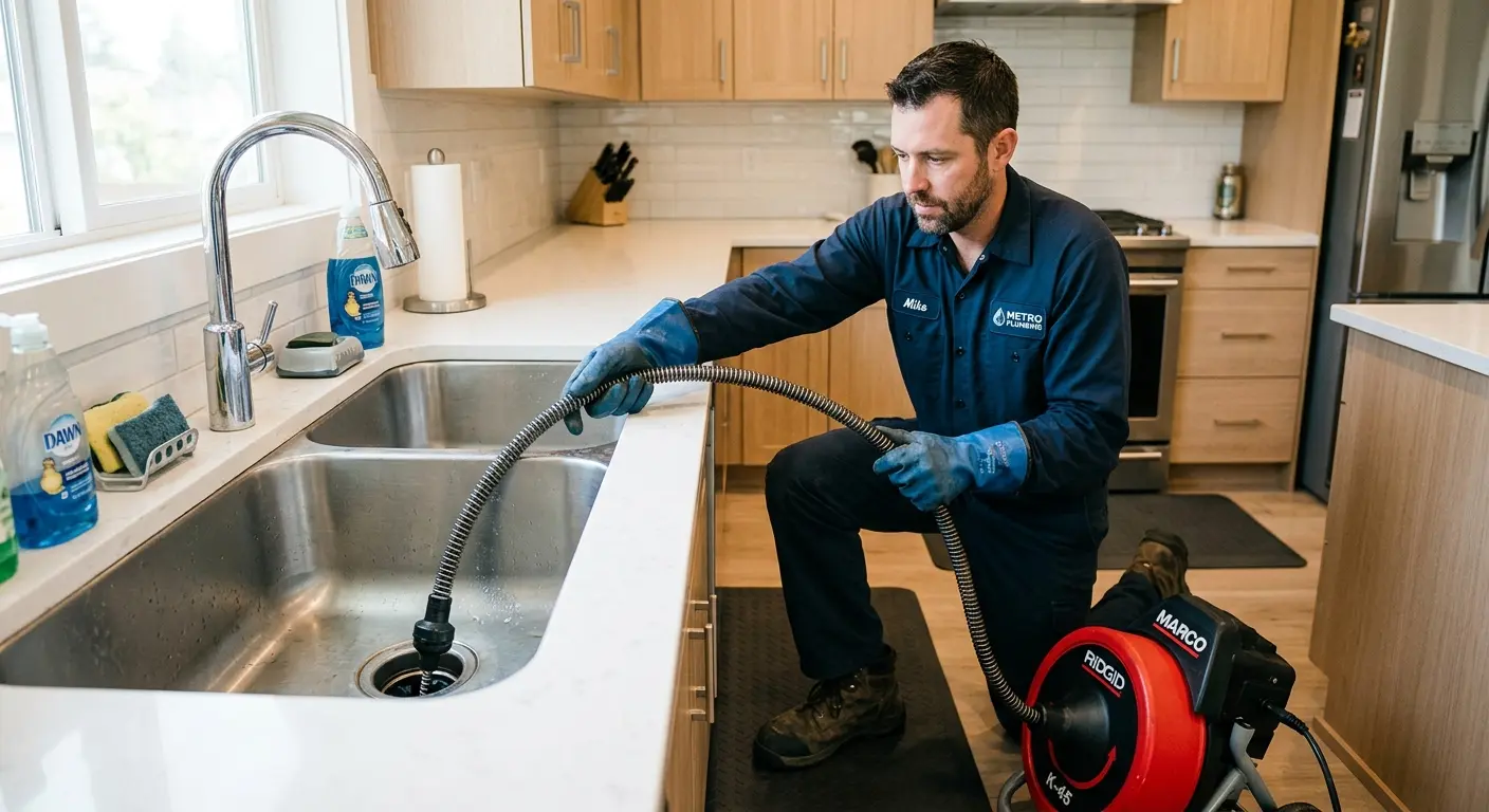 Drain cleaning technician using a motorized snake on a kitchen sink in Syracuse