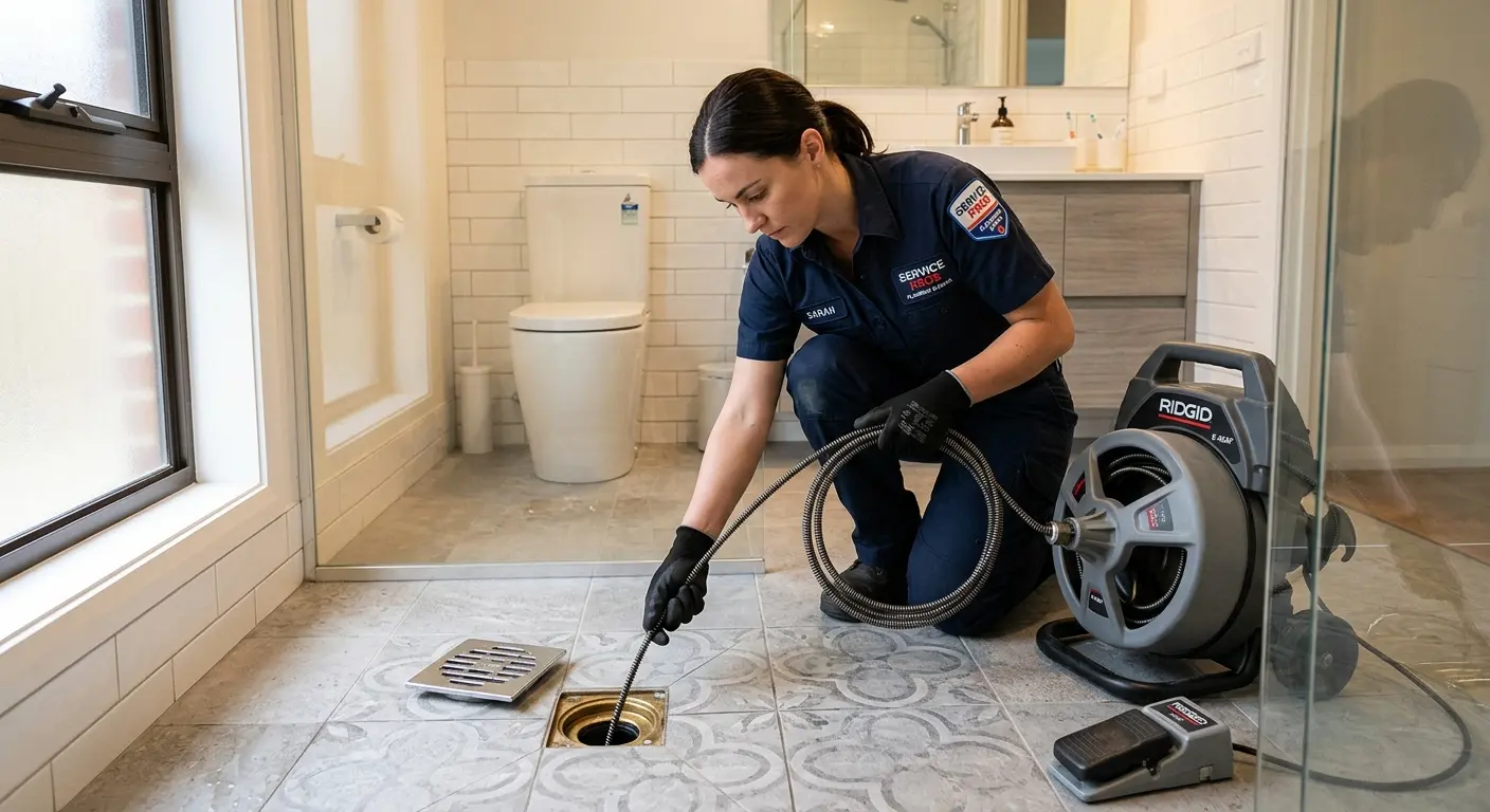 Technician clearing a bathroom floor drain for Drain Cleaning in Syracuse